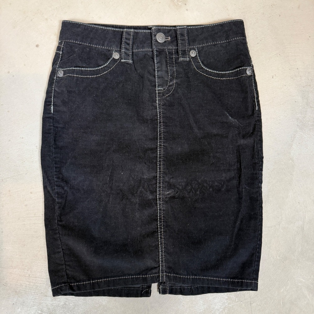 London Jean Black Corduroy pencil Skirt Size 2 Contrast Stitch Five Pocket Y2K